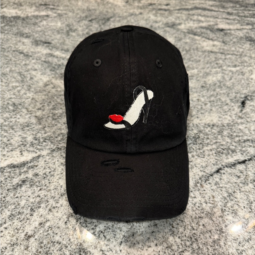 New Custom Designed Black Distressed Baseball Cap with Black and White Heel.